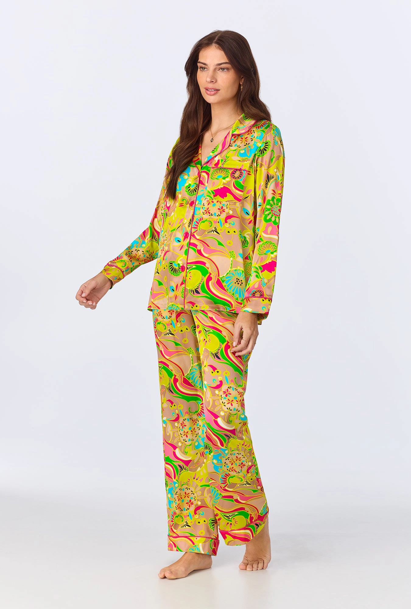 BedHead x Trina Turk Heritage Long Sleeve Classic Woven Washable Silk Satin PJ Set