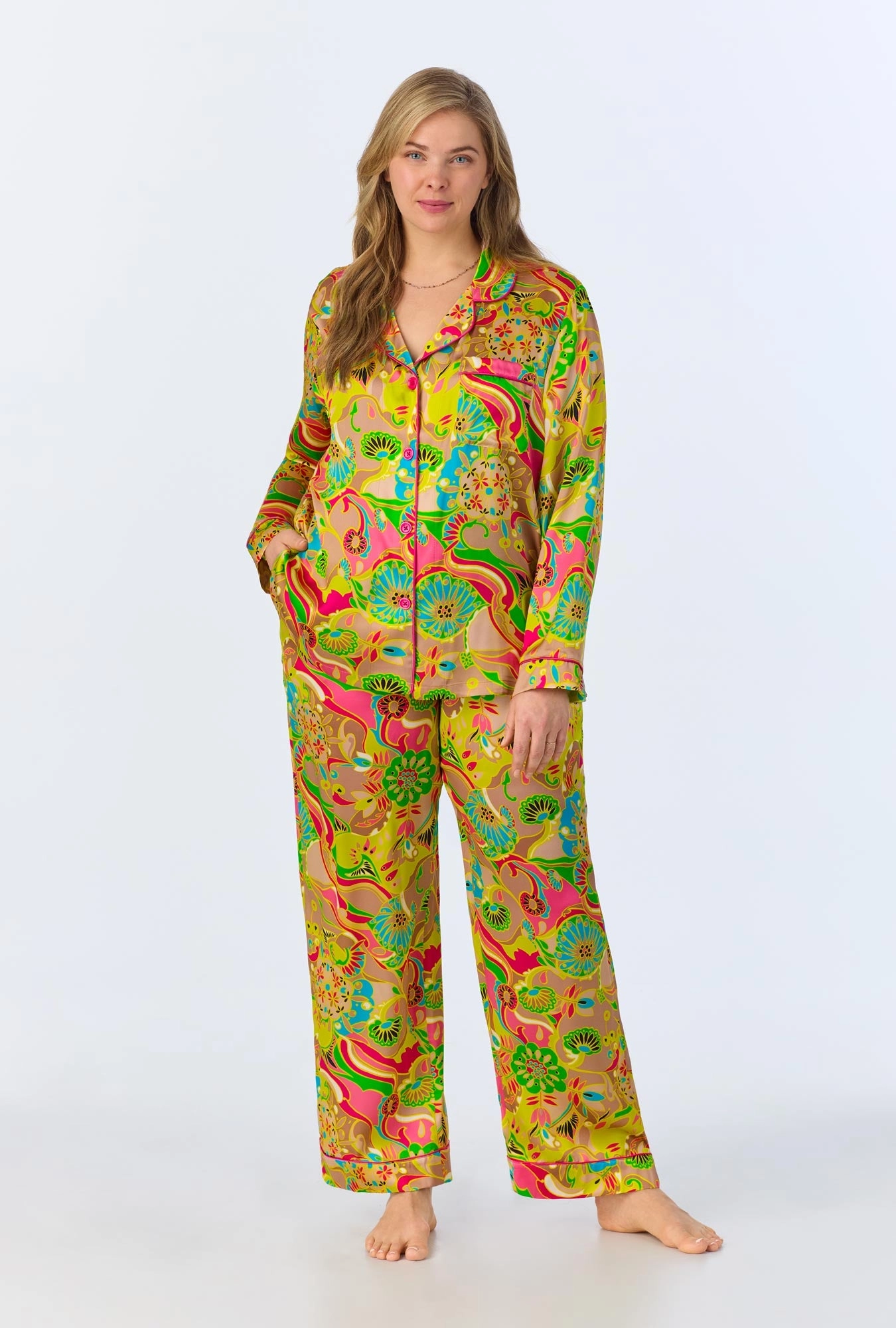 BedHead x Trina Turk Heritage Long Sleeve Classic Woven Washable Silk Satin PJ Set