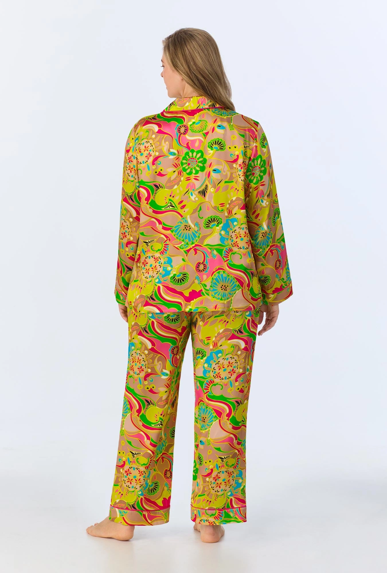 BedHead x Trina Turk Heritage Long Sleeve Classic Woven Washable Silk Satin PJ Set