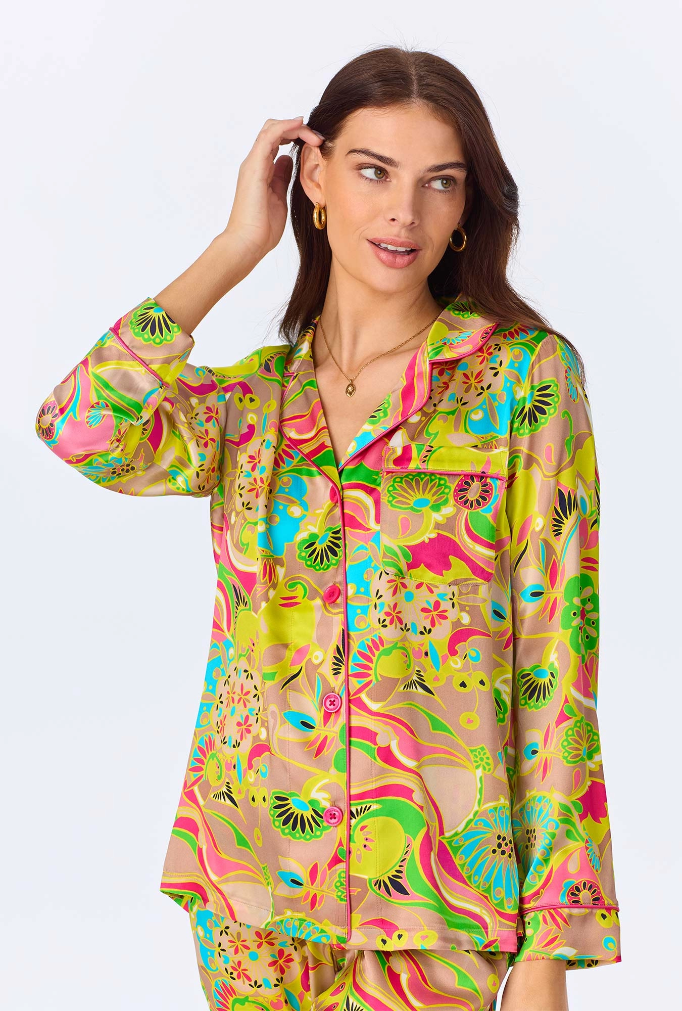 BedHead x Trina Turk Heritage Long Sleeve Classic Woven Washable Silk Satin PJ Set