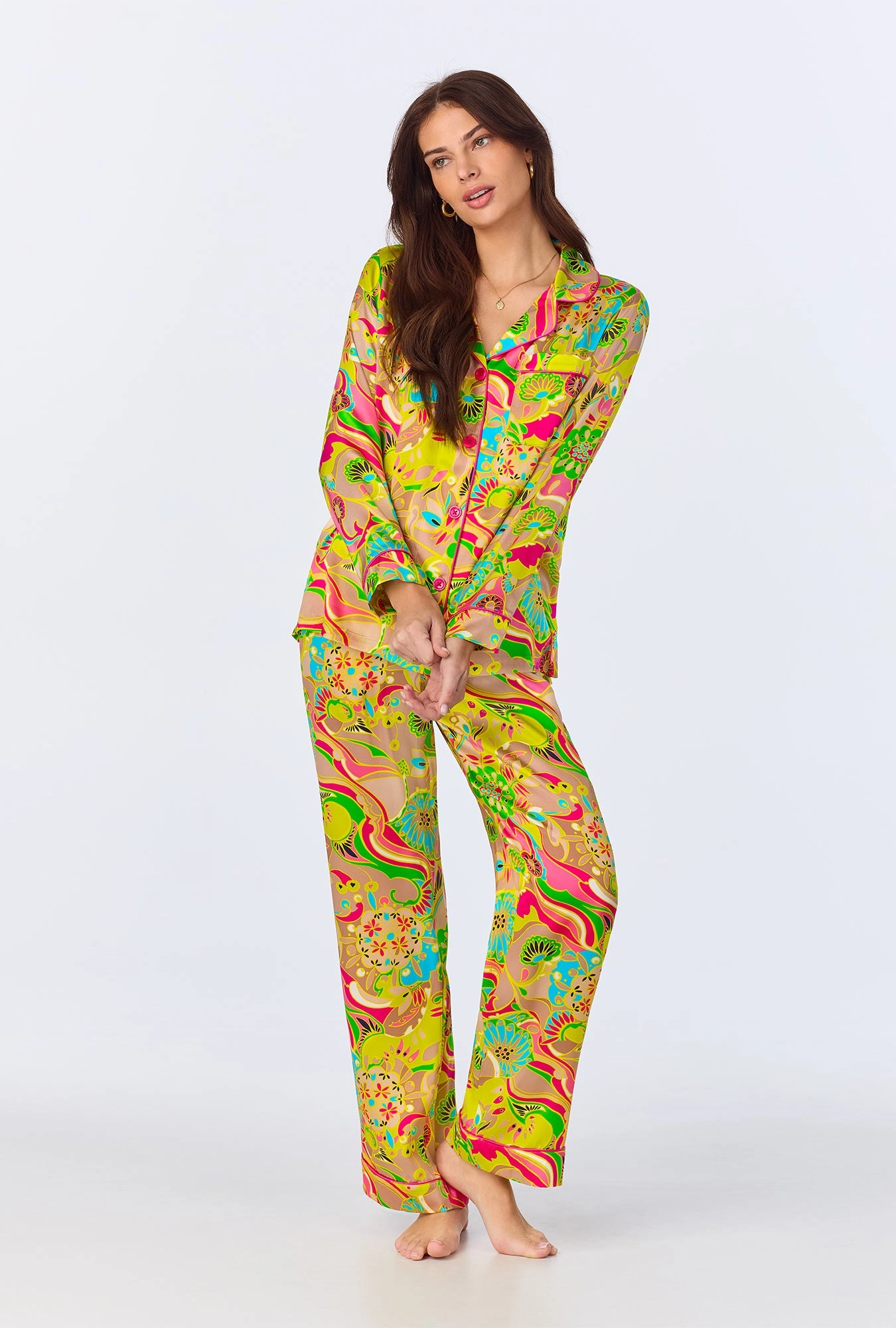 BedHead x Trina Turk Heritage Long Sleeve Classic Woven Washable Silk Satin PJ Set