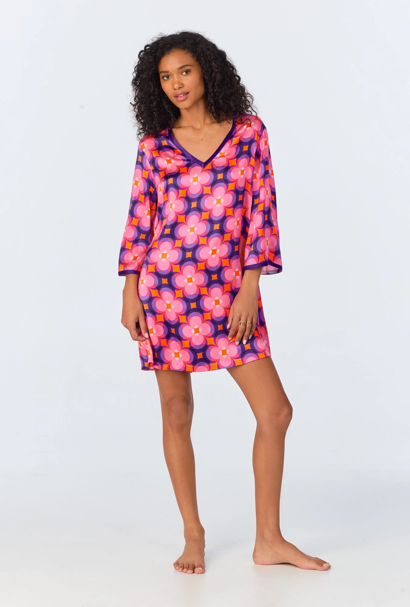 BedHead x Trina Turk  Space Cat Short Sleeve Classic Woven Washable Silk Caftan