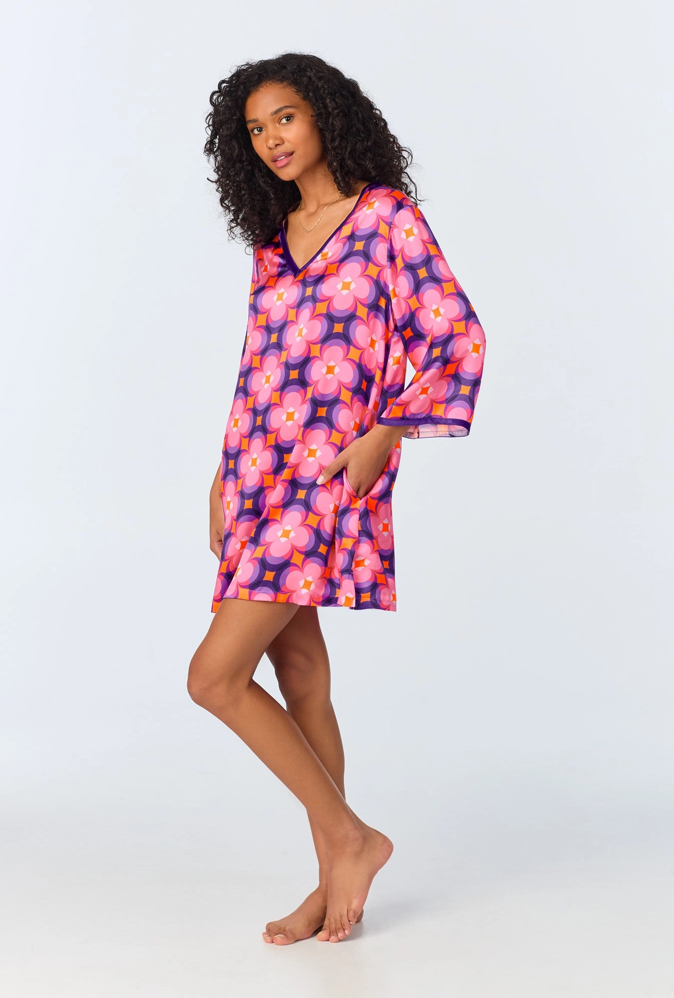 BedHead x Trina Turk  Space Cat Short Sleeve Classic Woven Washable Silk Caftan