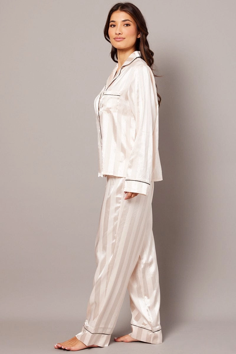 Beige Stripe Pj Set Satin Stripe Contrast Piping Pyjama