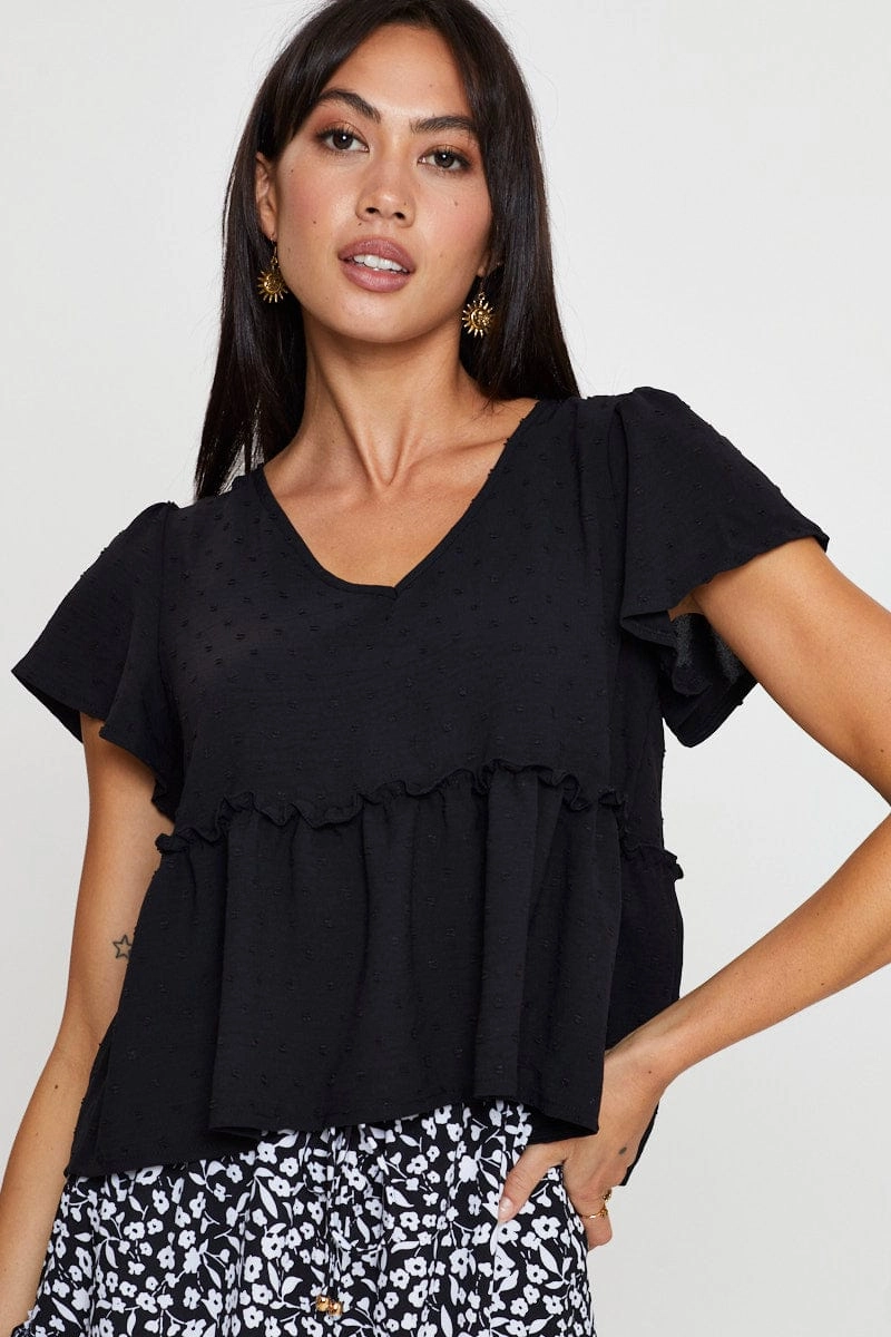Black Peplum Top Short Sleeve Button Front