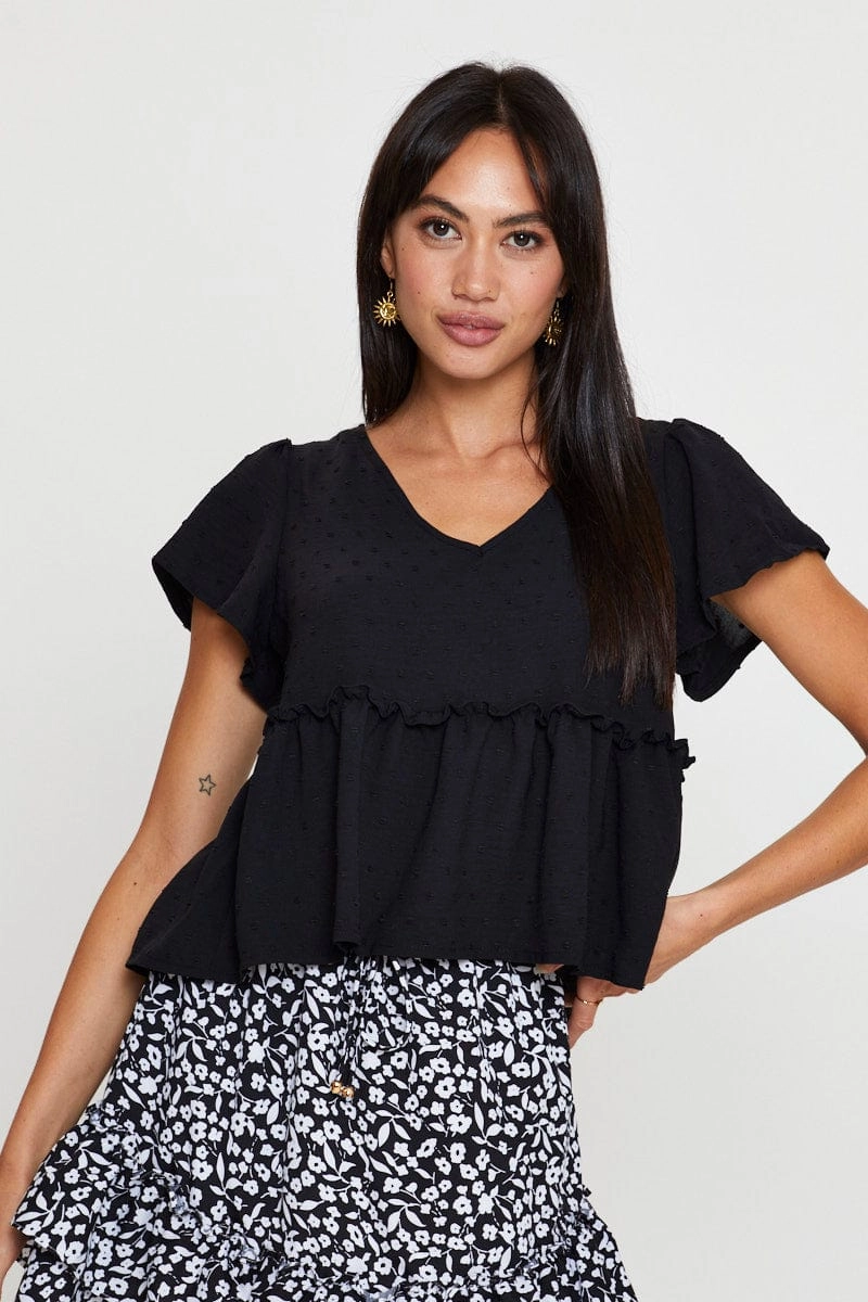 Black Peplum Top Short Sleeve Button Front