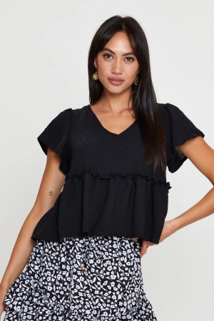 Black Peplum Top Short Sleeve Button Front