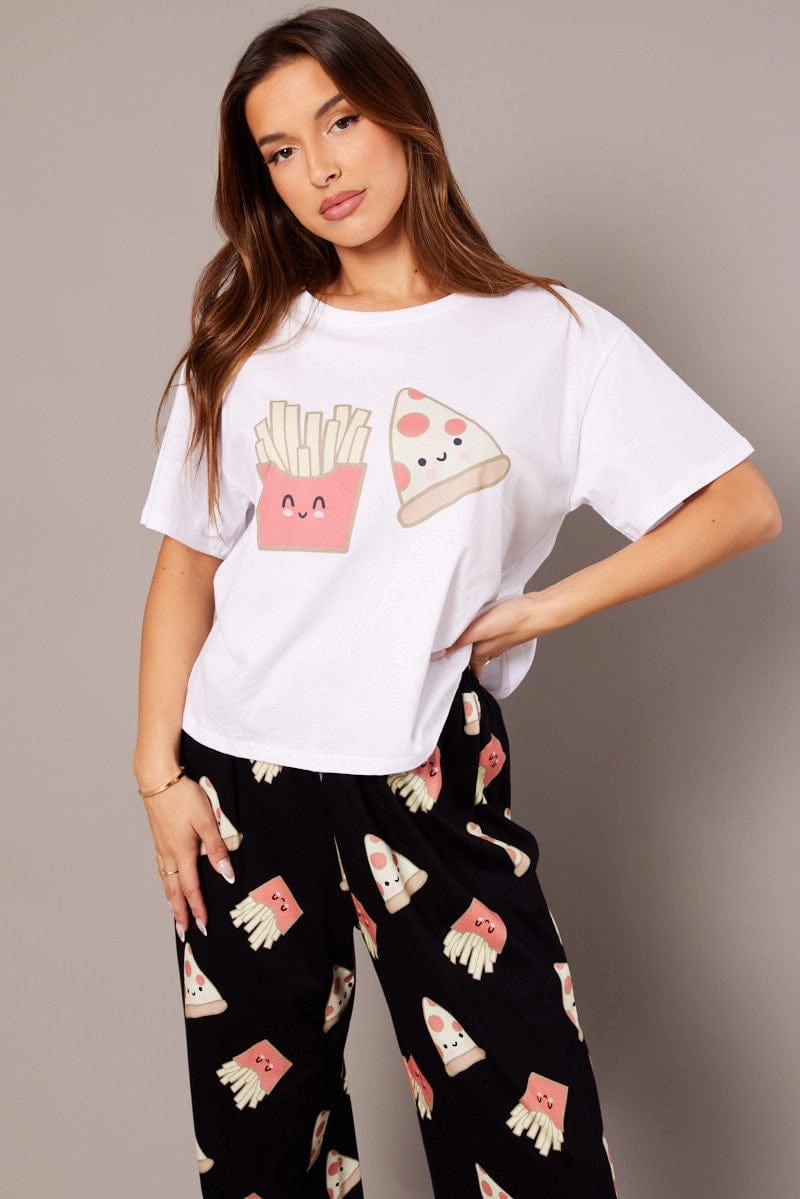 Black Print Graphic Pj Set Pizza Fries Novelty Pyjama