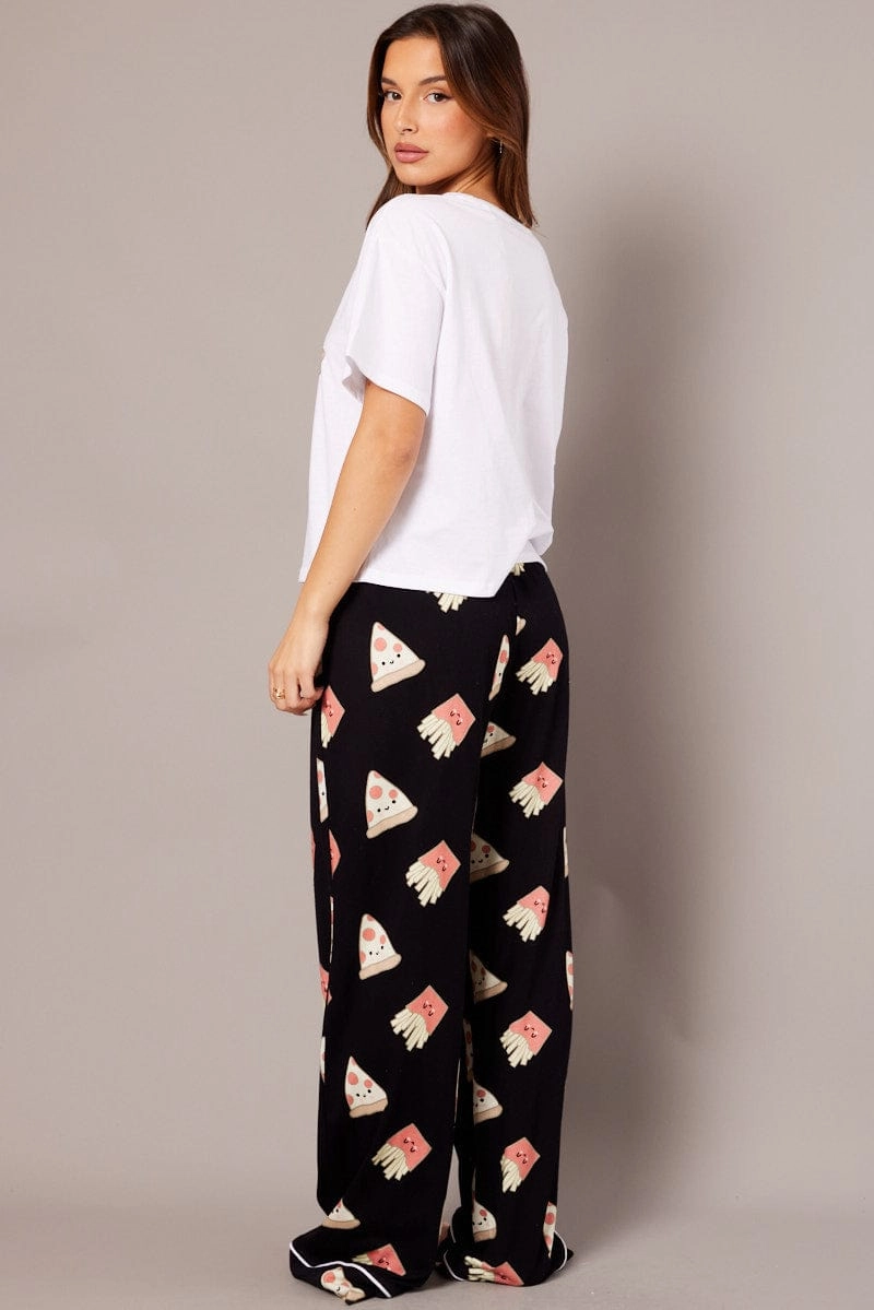 Black Print Graphic Pj Set Pizza Fries Novelty Pyjama