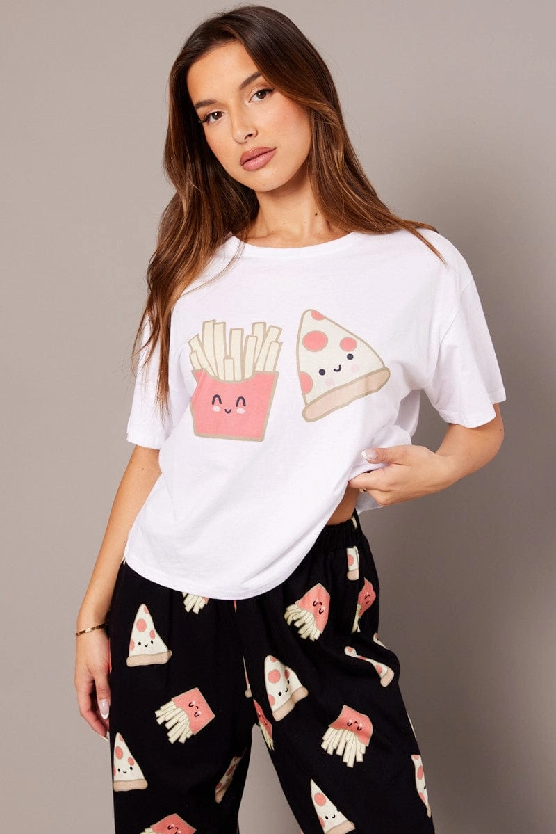 Black Print Graphic Pj Set Pizza Fries Novelty Pyjama