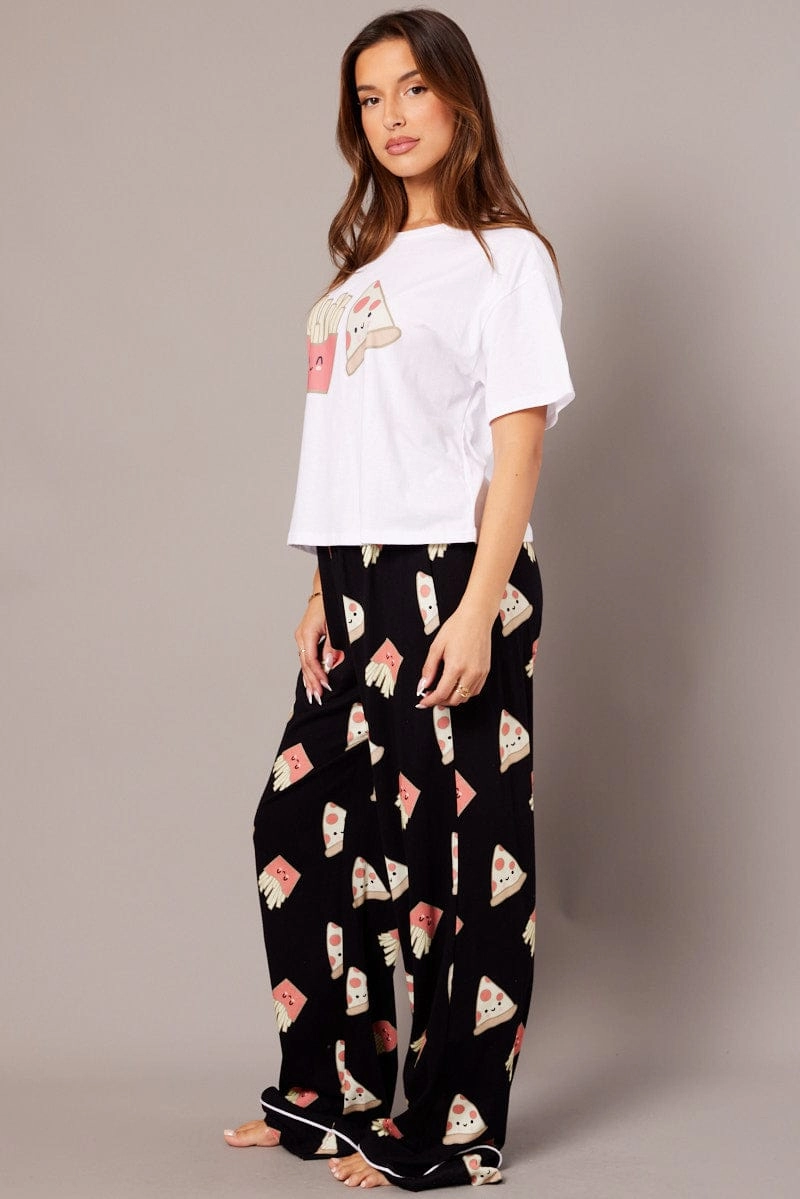 Black Print Graphic Pj Set Pizza Fries Novelty Pyjama