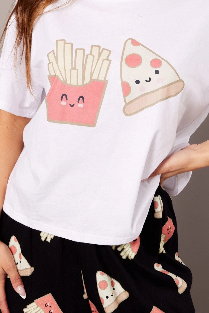 Black Print Graphic Pj Set Pizza Fries Novelty Pyjama