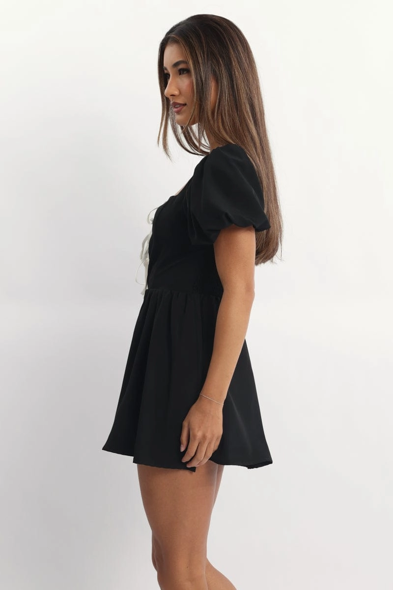 Black Ruffle Playsuit Short Sleeve Front Tie