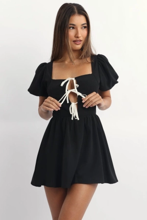 Black Ruffle Playsuit Short Sleeve Front Tie