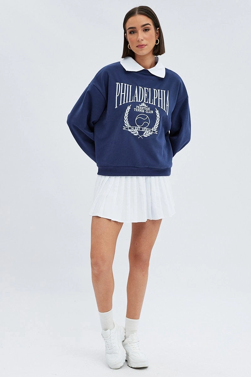 Blue Embroidered Sweater With Collar Varsity Sweat