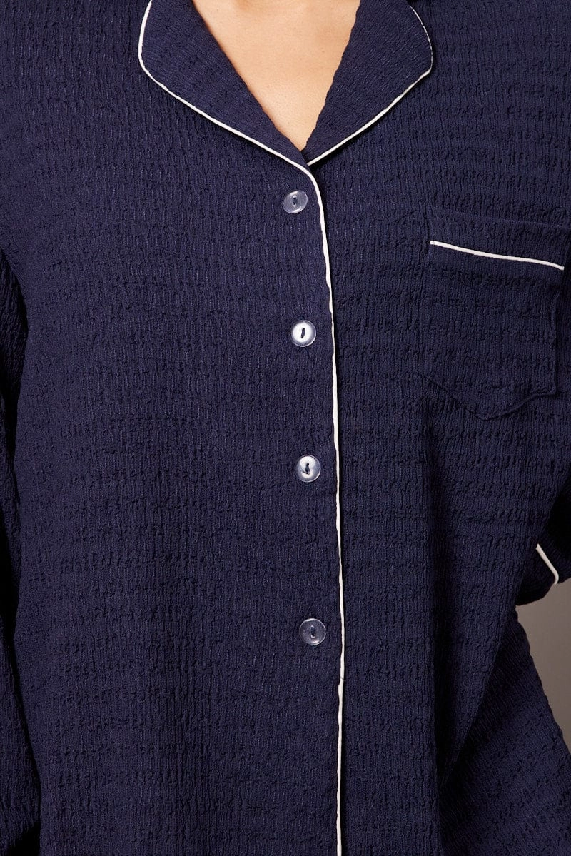 Blue PJ Set Long Leg Contrast Piping Textured Fabric