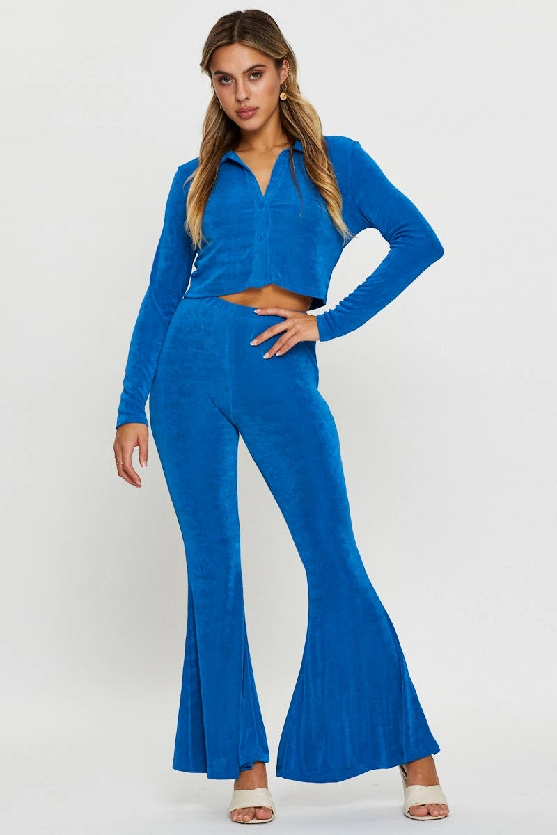 Blue Slinky Top Long Sleeve Collared