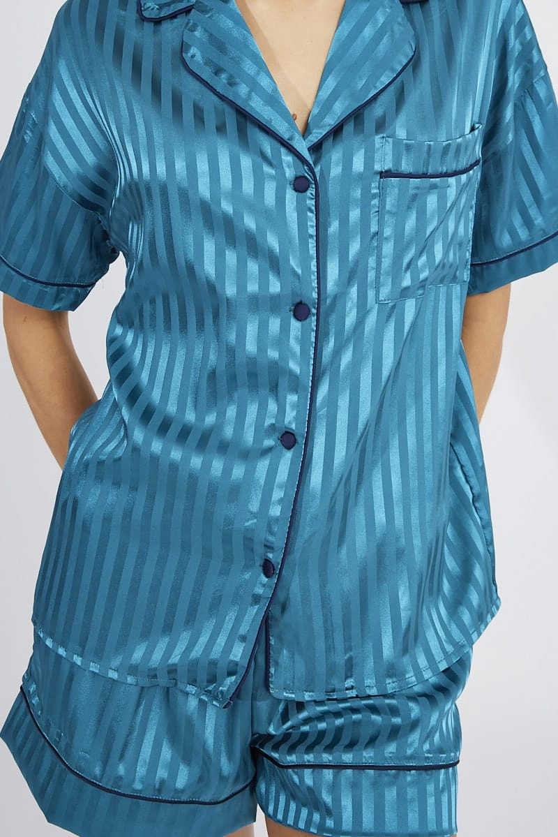 Blue Stripe Pyjama Set Stripe Satin Jacquard Navy Piping PJ
