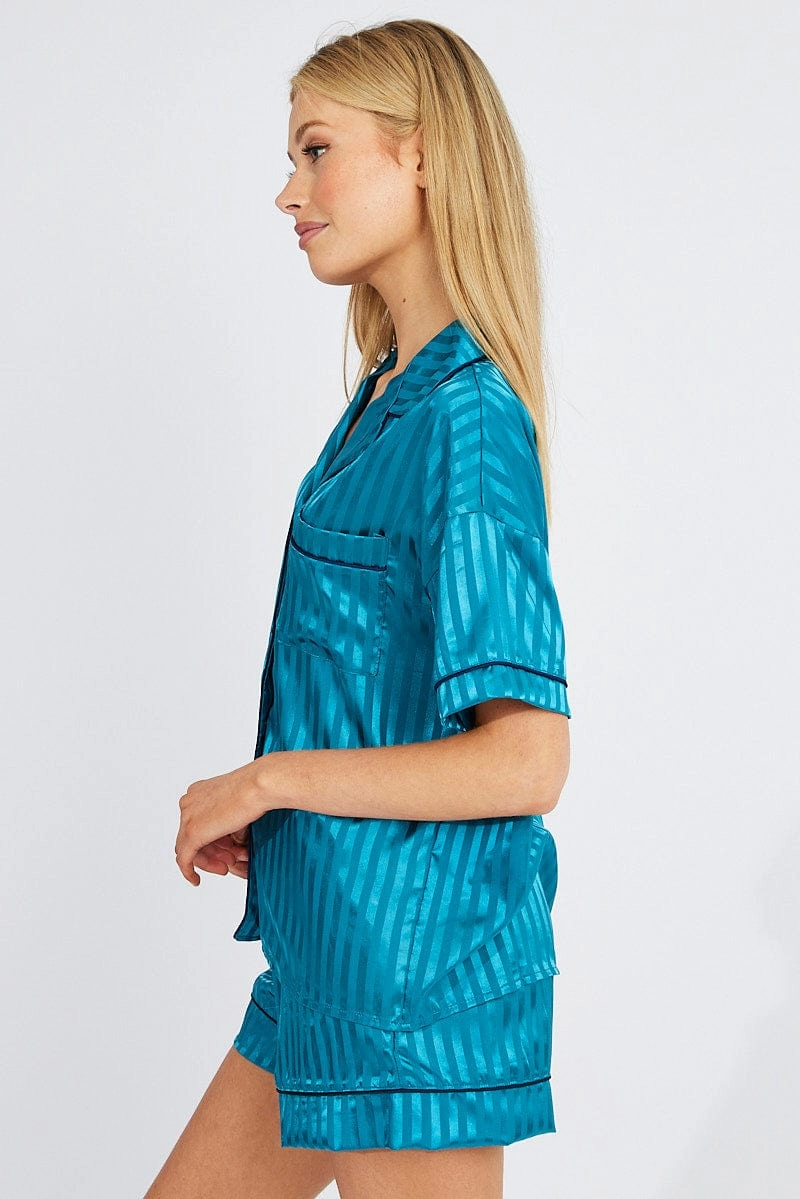 Blue Stripe Pyjama Set Stripe Satin Jacquard Navy Piping PJ