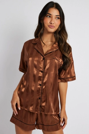 Brown Stripe Satin Pj Jacquard Stripe Piping Pyjama Set