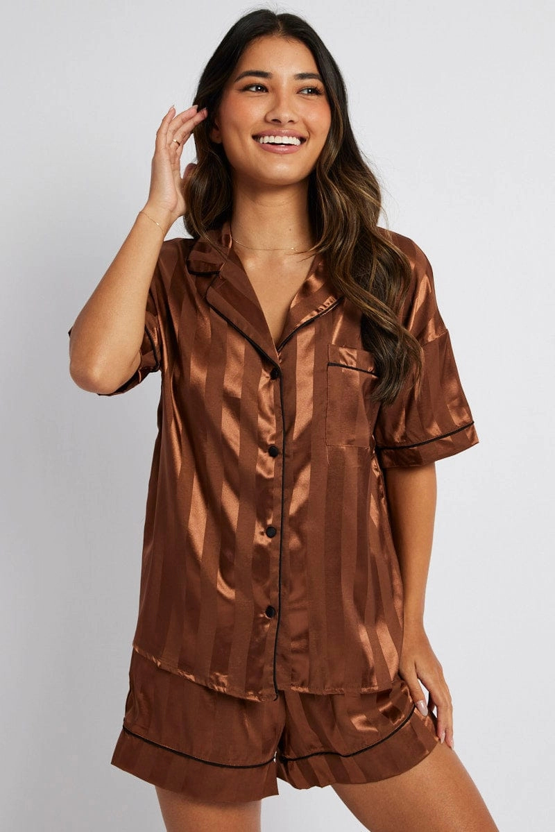 Brown Stripe Satin Pj Jacquard Stripe Piping Pyjama Set