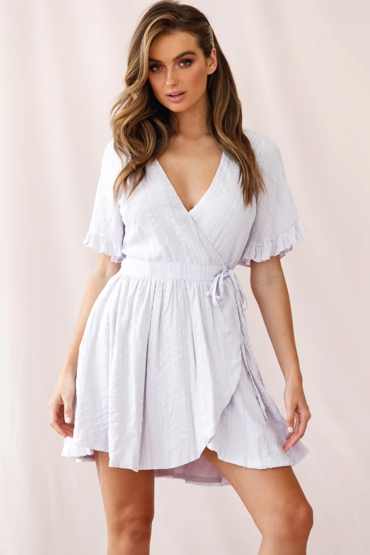 Cara Frill Trim Wrap Dress Stripe Print Lavender