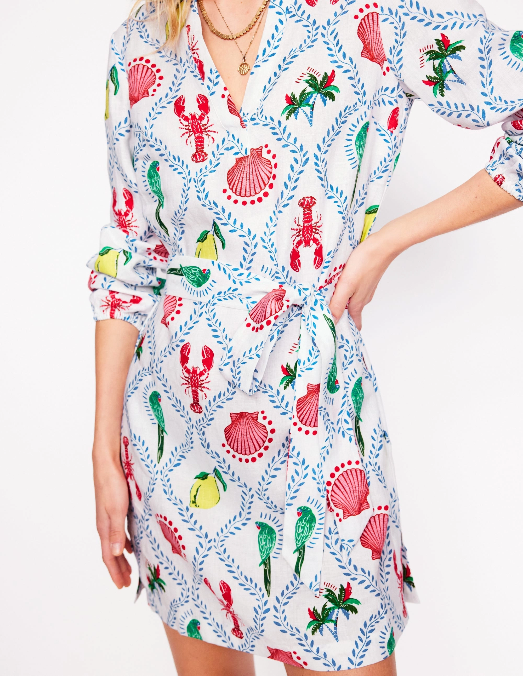 Cleo Linen Tie Waist Dress-Ivory. Tropical Bonanza Vine