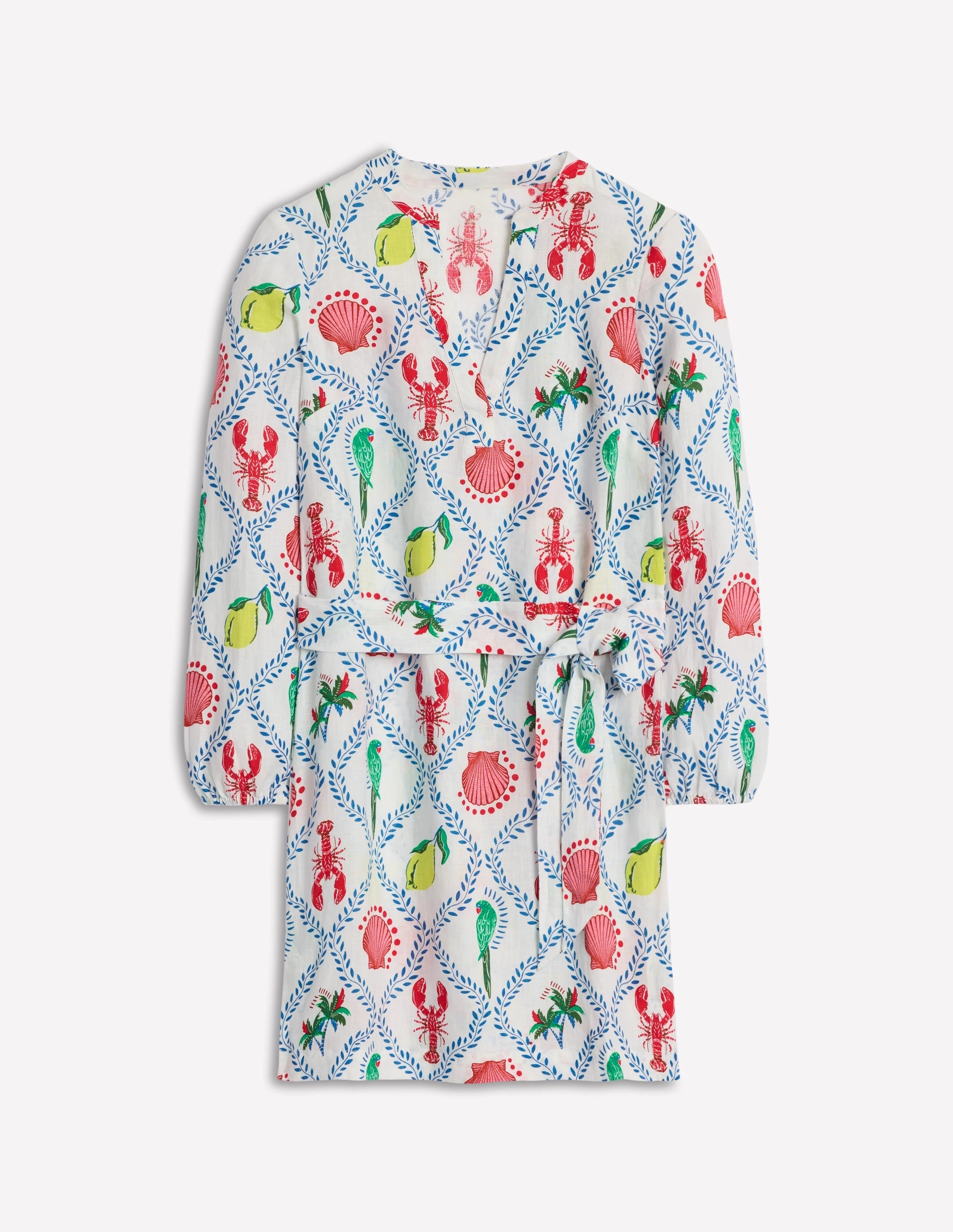 Cleo Linen Tie Waist Dress-Ivory. Tropical Bonanza Vine