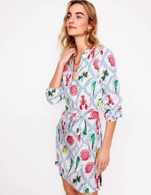 Cleo Linen Tie Waist Dress-Ivory. Tropical Bonanza Vine
