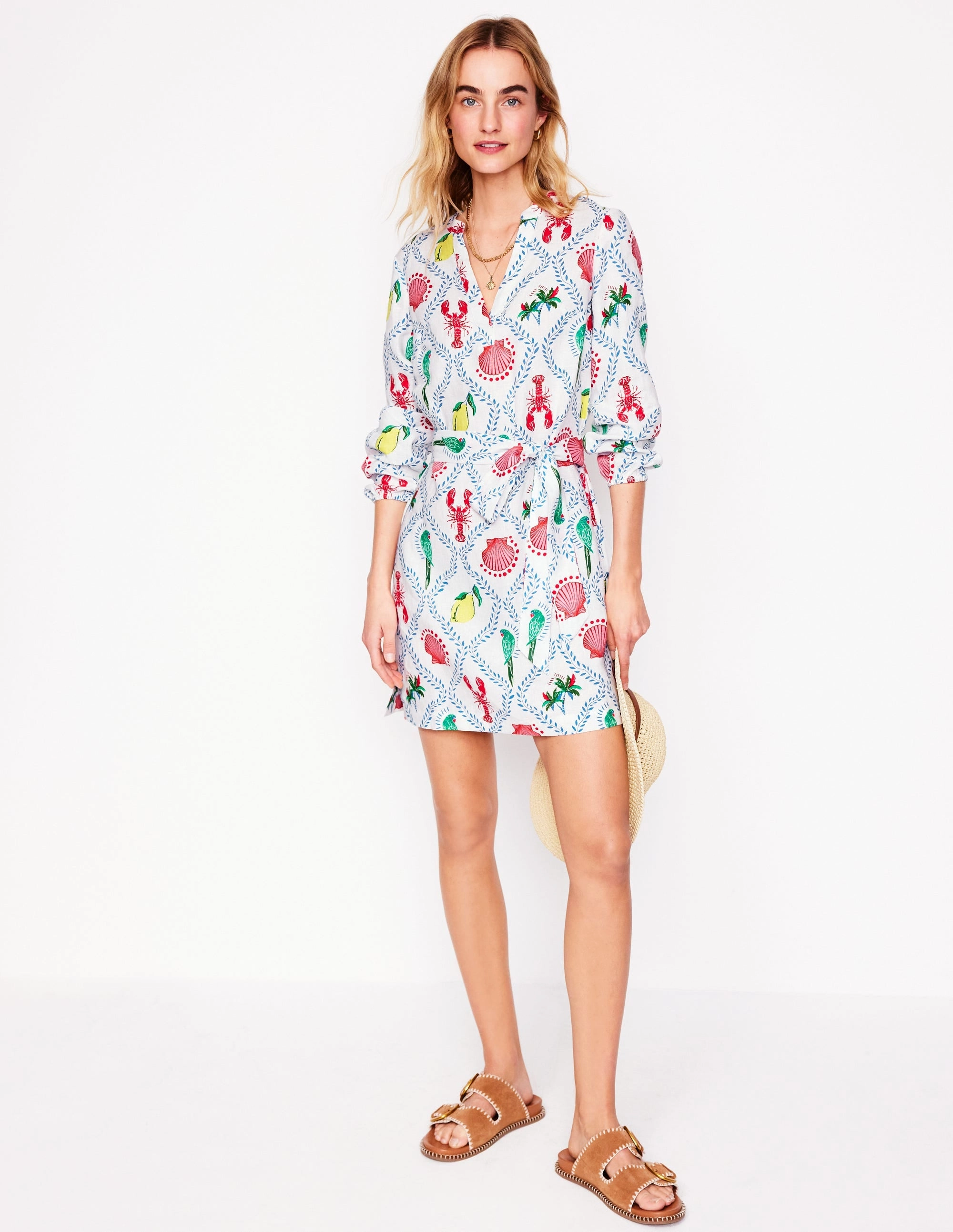 Cleo Linen Tie Waist Dress-Ivory. Tropical Bonanza Vine
