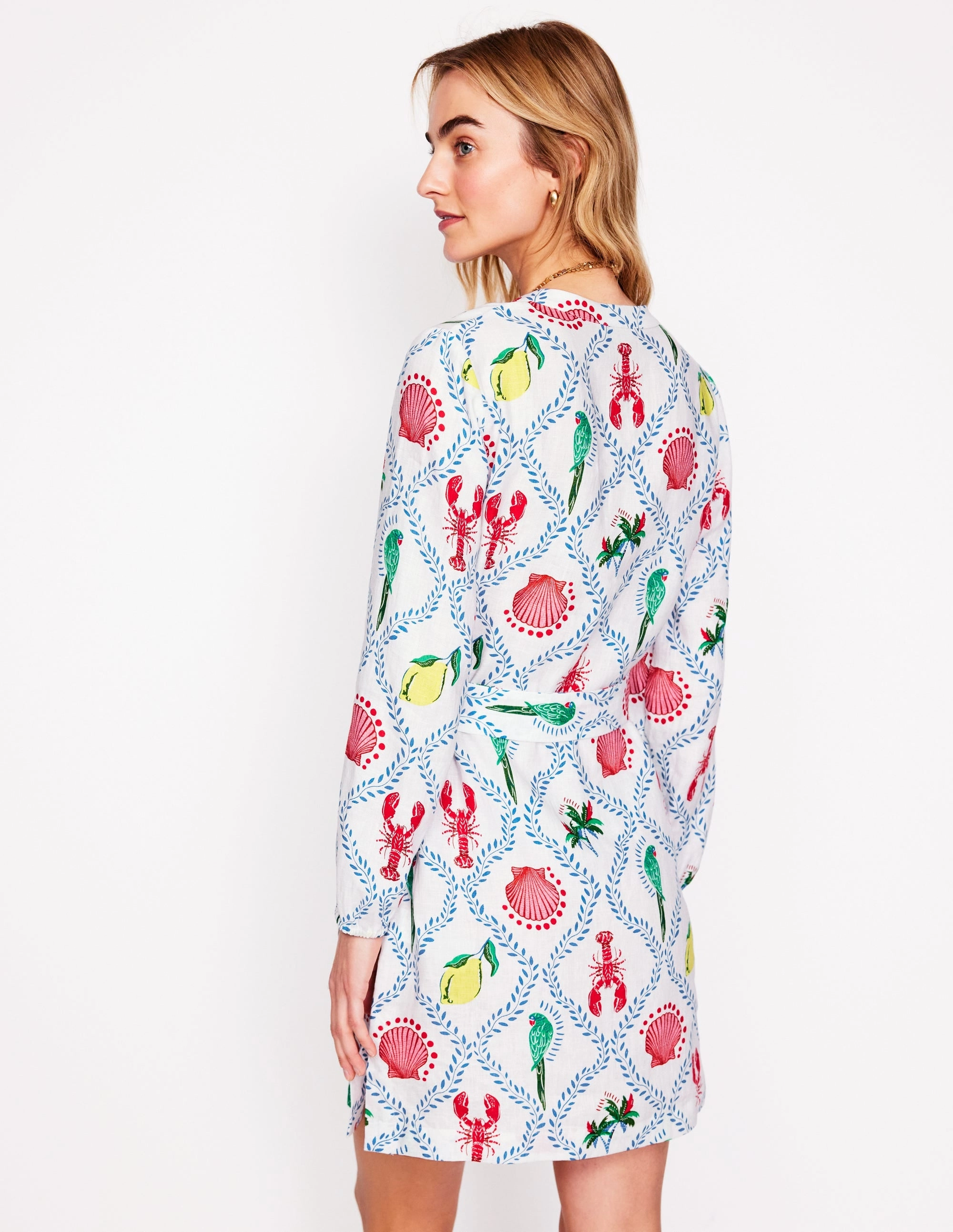 Cleo Linen Tie Waist Dress-Ivory. Tropical Bonanza Vine