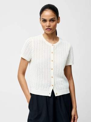 Cotton Blend Pointelle Short Sleeve Cardigan