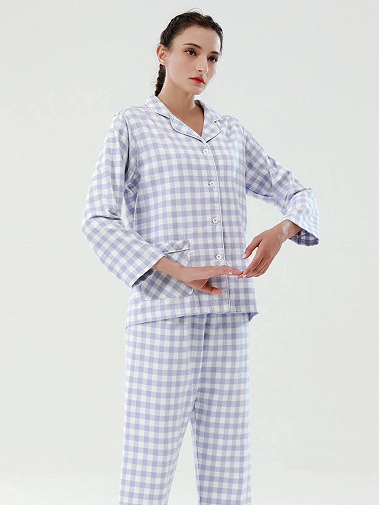 Cotton Plaid Pajamas Set Long Sleeve Sleepwear for Men&Women