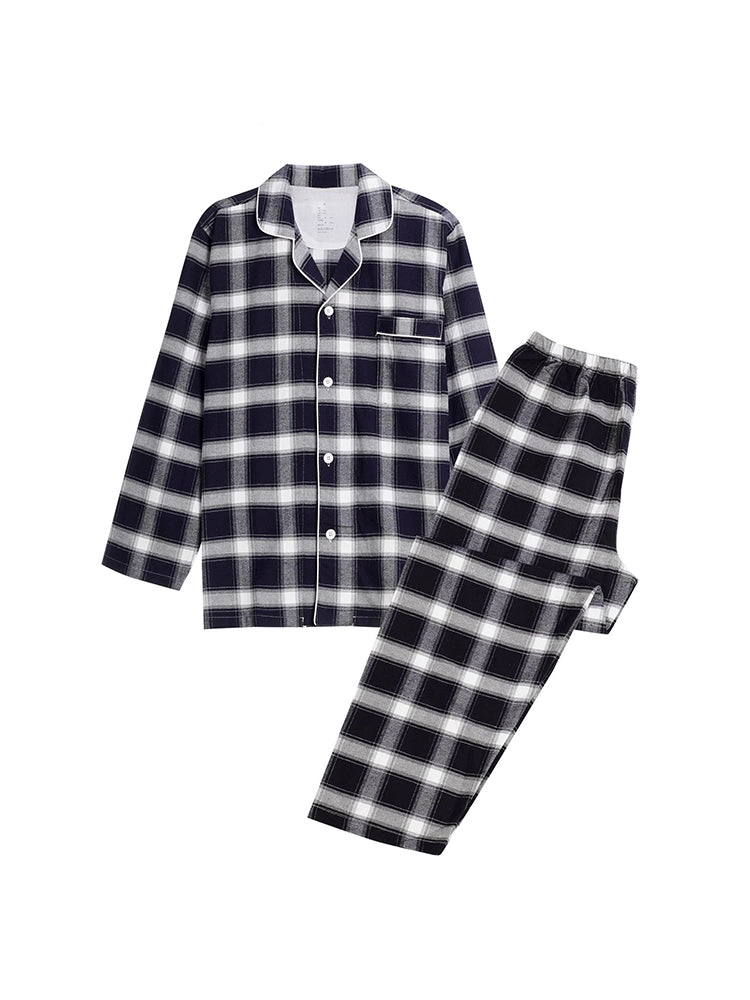 Cotton Plaid Pajamas Set Long Sleeve Sleepwear for Men&Women