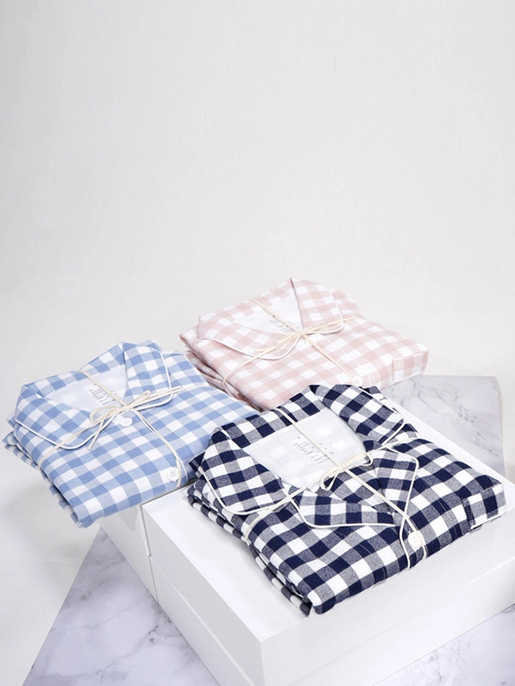 Cotton Plaid Pajamas Set Long Sleeve Sleepwear for Men&Women