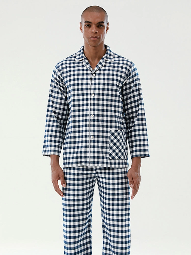 Cotton Plaid Pajamas Set Long Sleeve Sleepwear for Men&Women