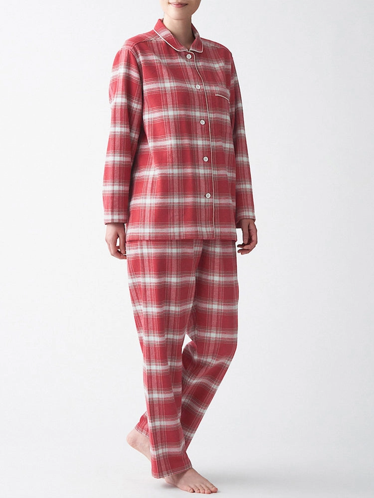 Cotton Plaid Pajamas Set Long Sleeve Sleepwear for Men&Women