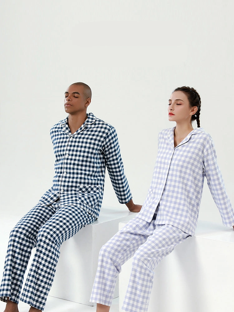 Cotton Plaid Pajamas Set Long Sleeve Sleepwear for Men&Women