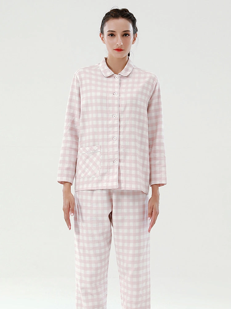Cotton Plaid Pajamas Set Long Sleeve Sleepwear for Men&Women