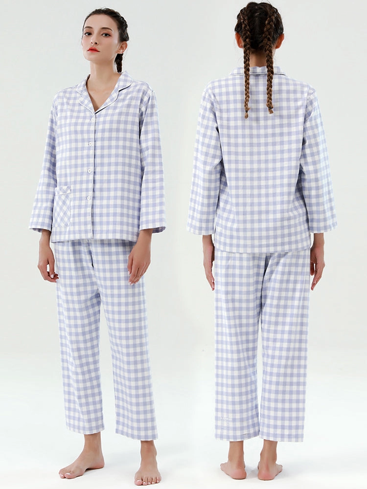 Cotton Plaid Pajamas Set Long Sleeve Sleepwear for Men&Women