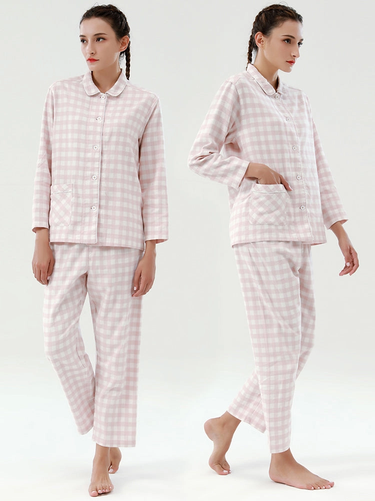 Cotton Plaid Pajamas Set Long Sleeve Sleepwear for Men&Women