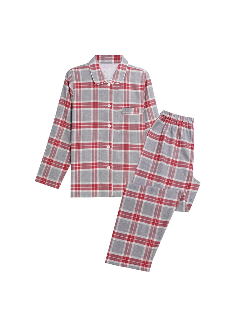 Cotton Plaid Pajamas Set Long Sleeve Sleepwear for Men&Women