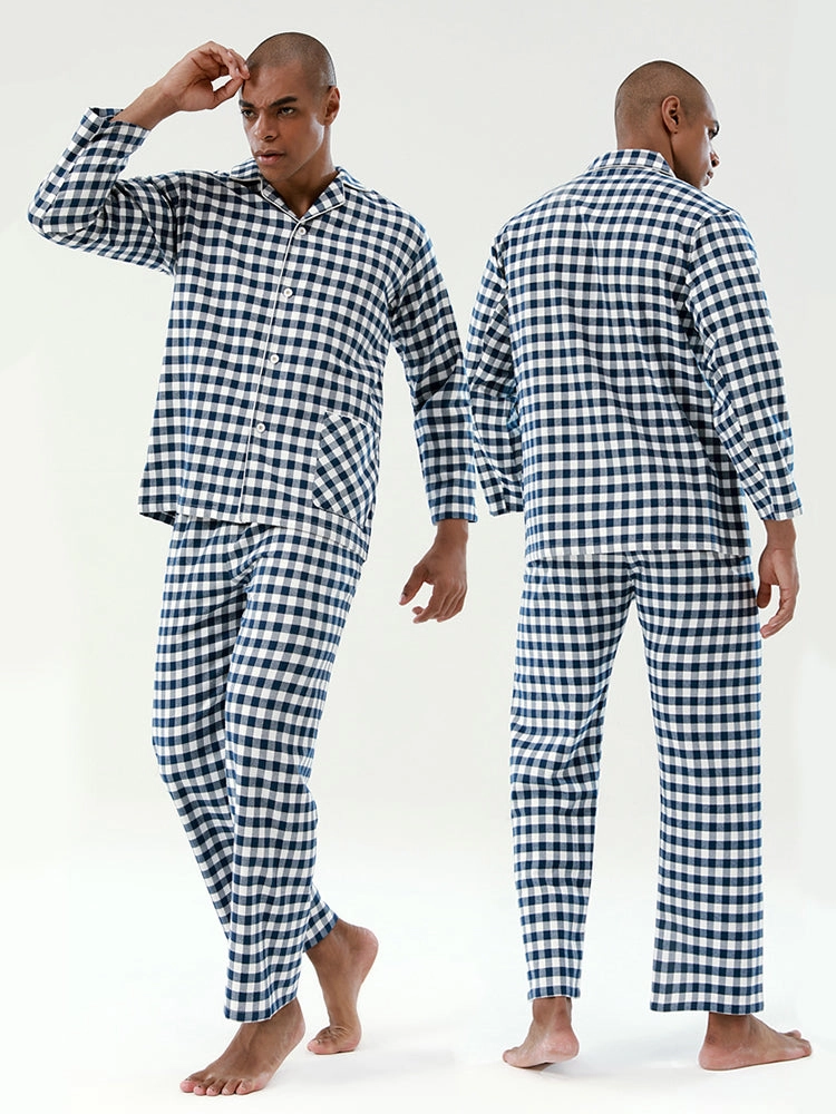 Cotton Plaid Pajamas Set Long Sleeve Sleepwear for Men&Women