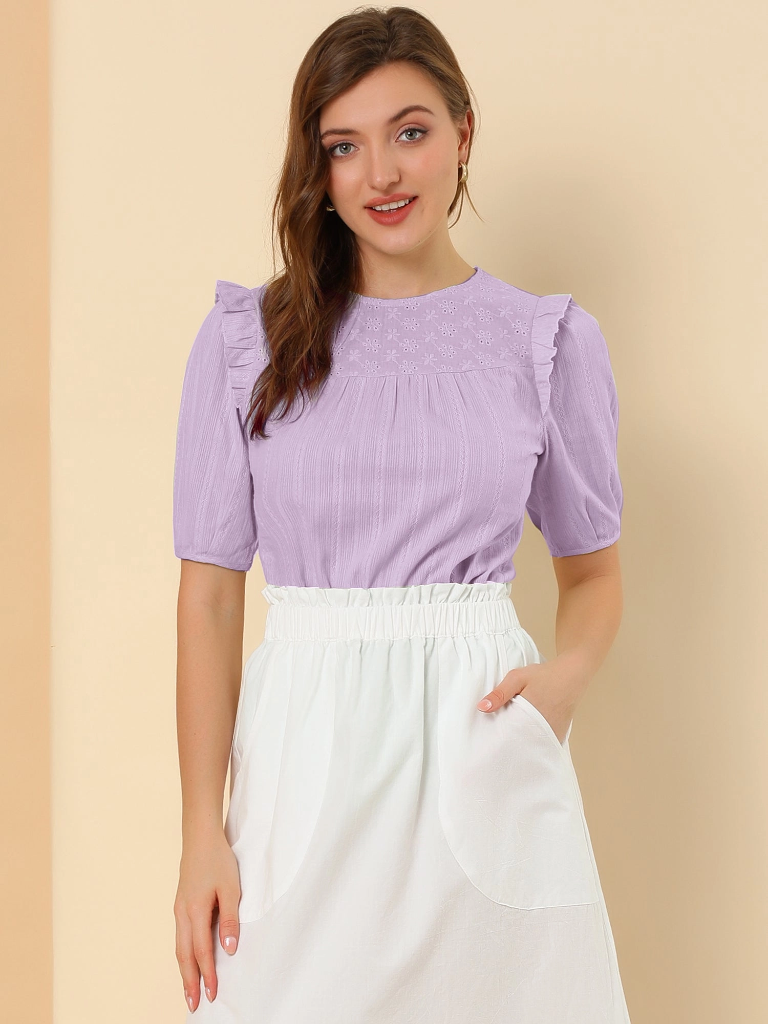 Cotton Summer Ruffle Frilled Round Neck Short Sleeve Blouse