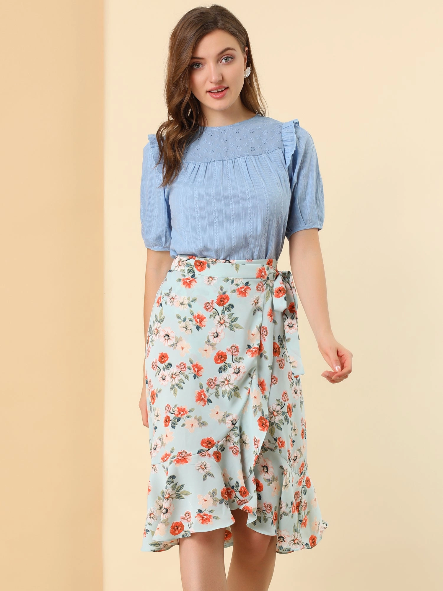 Cotton Summer Ruffle Frilled Round Neck Short Sleeve Blouse