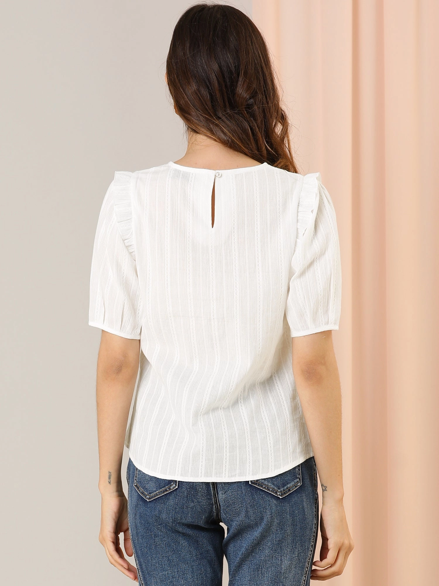 Cotton Summer Ruffle Frilled Round Neck Short Sleeve Blouse
