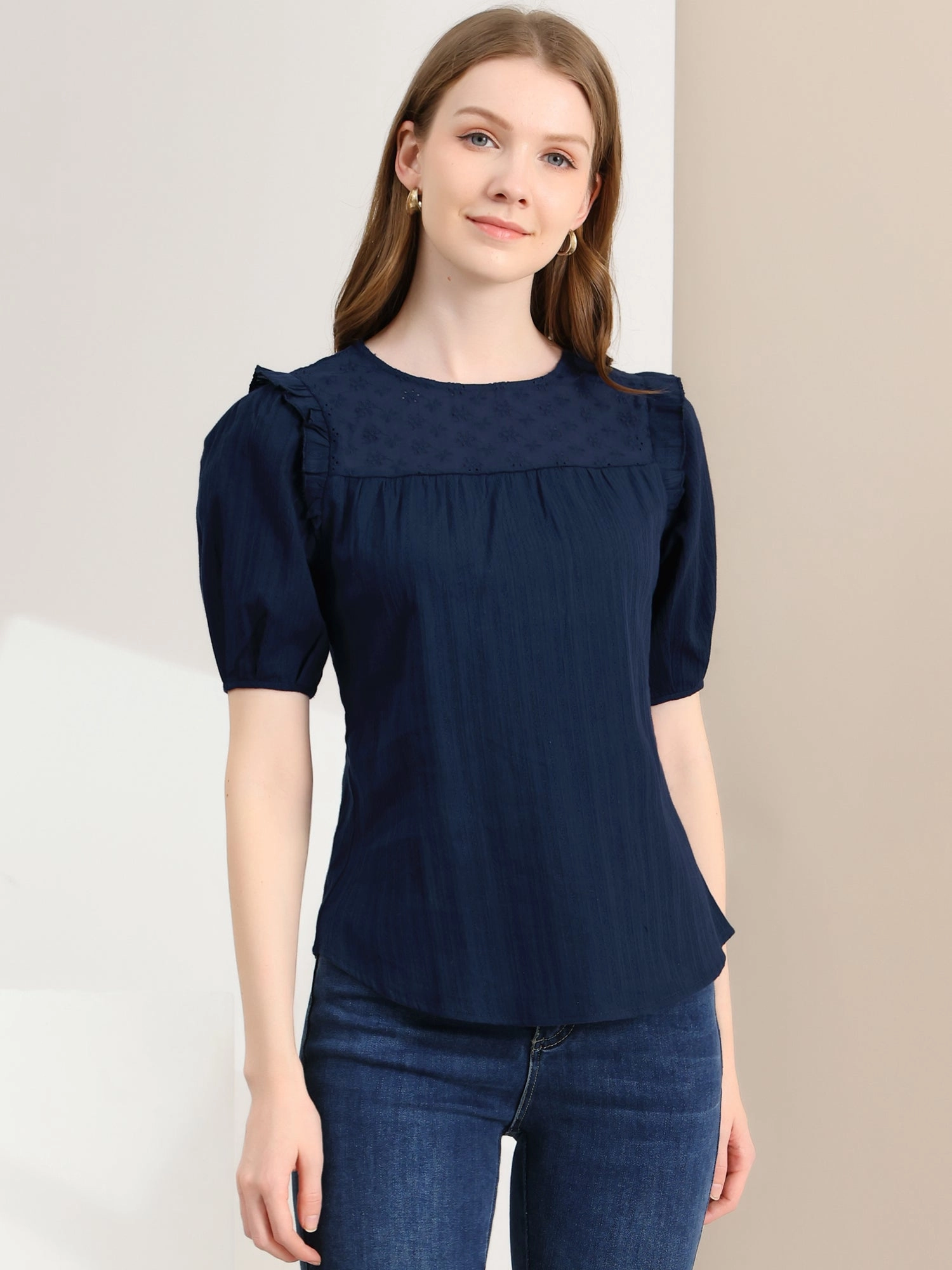 Cotton Summer Ruffle Frilled Round Neck Short Sleeve Blouse
