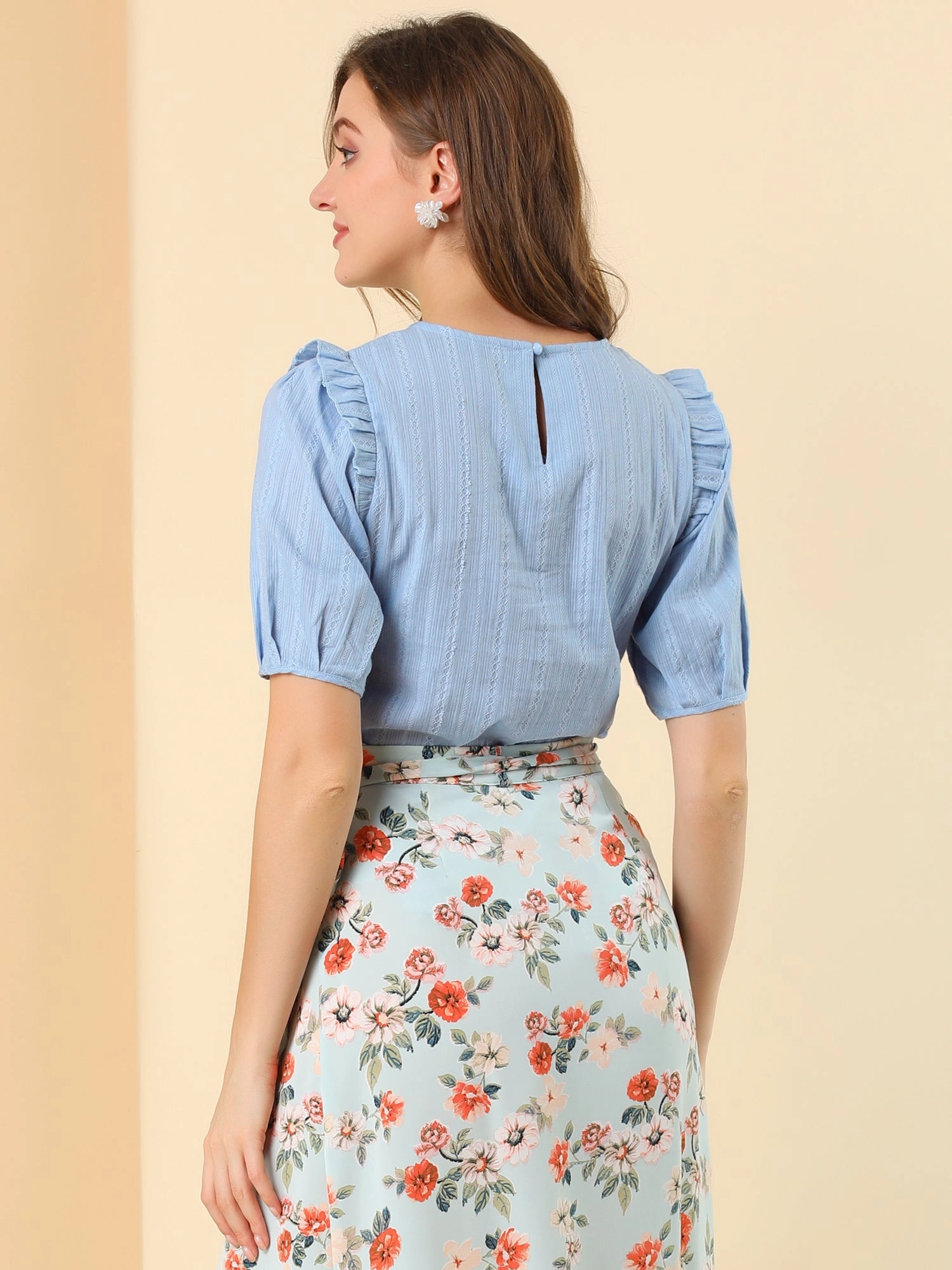 Cotton Summer Ruffle Frilled Round Neck Short Sleeve Blouse