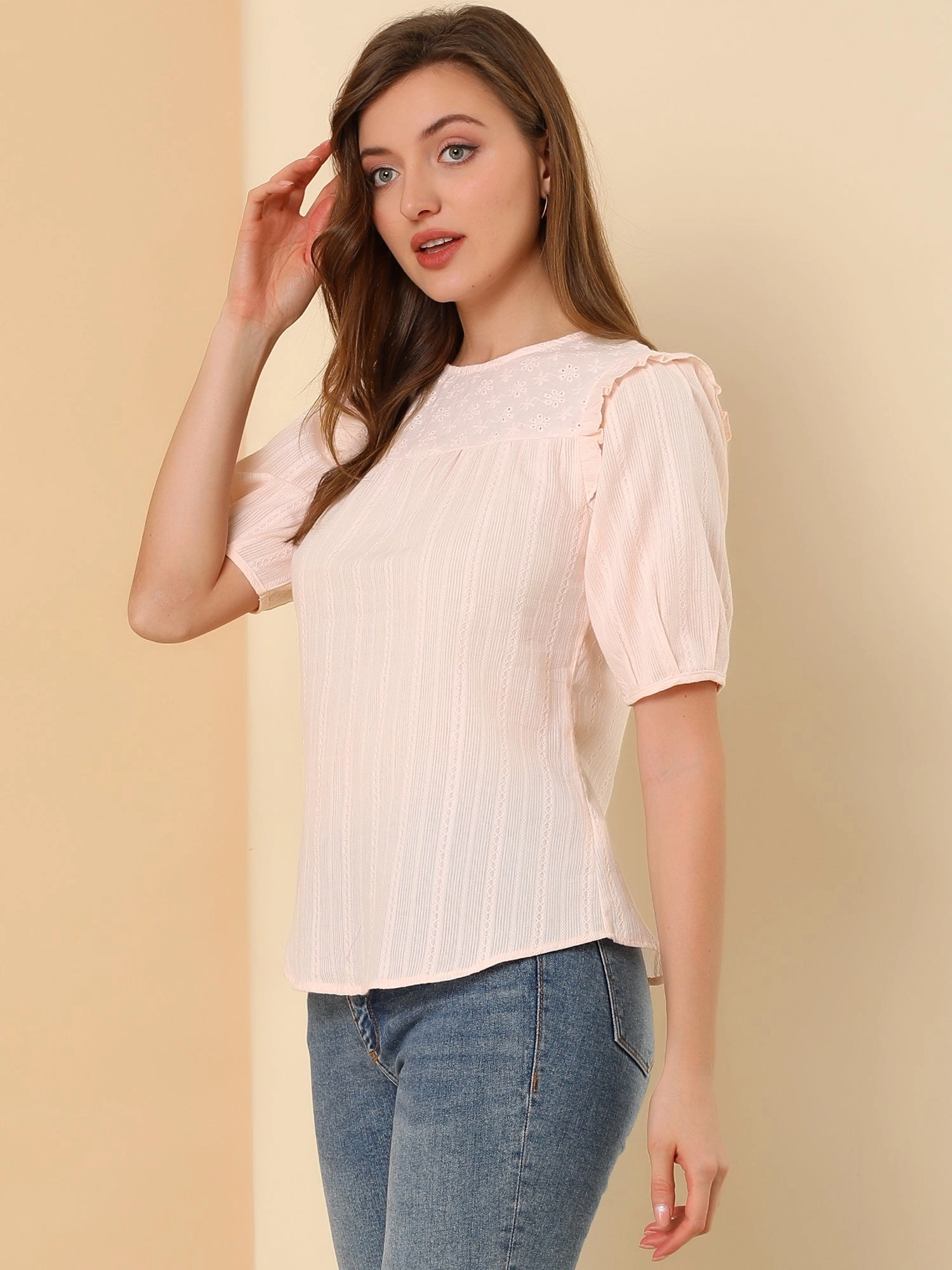Cotton Summer Ruffle Frilled Round Neck Short Sleeve Blouse