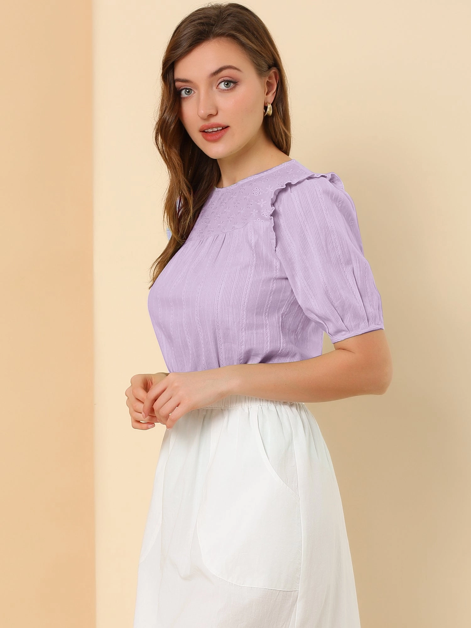 Cotton Summer Ruffle Frilled Round Neck Short Sleeve Blouse
